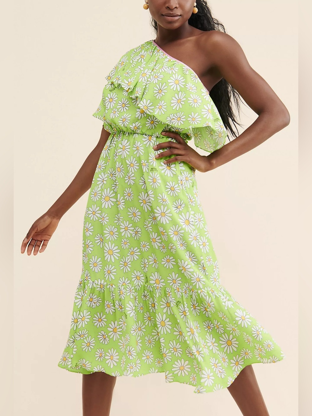 Boutique Moschino Daisy Mae Green Floral One Shoulder Midi Dress 12